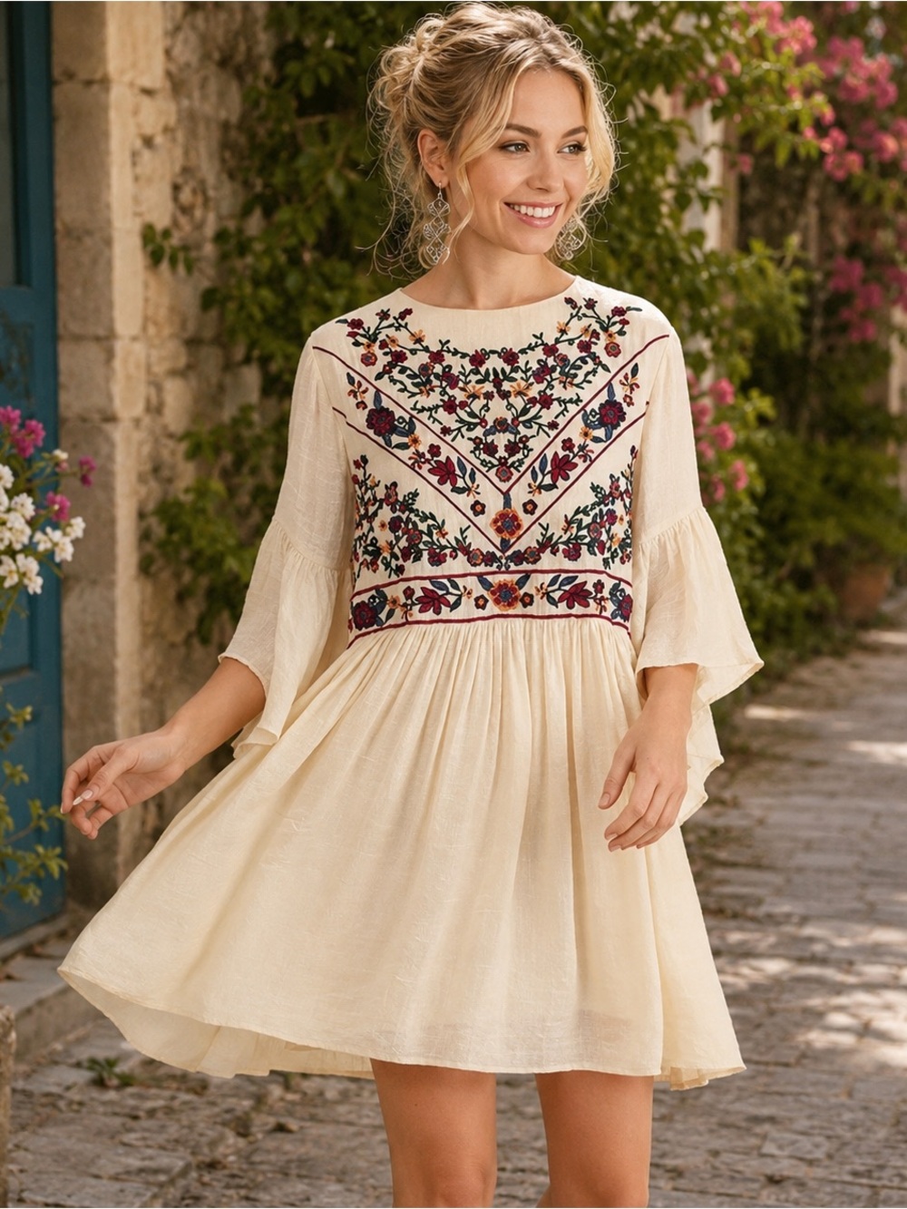 Umgee Cream Mini Dress with Multicolor Floral Embroidery